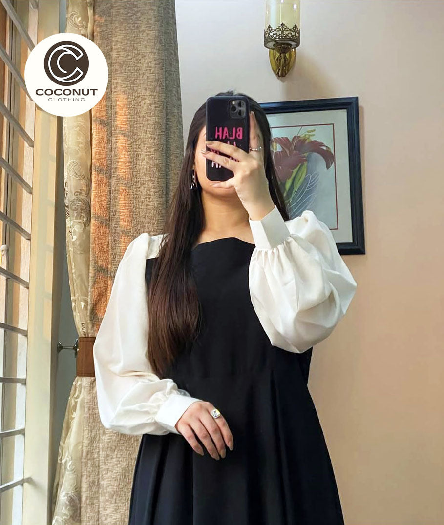 *Platted Black Maxi with White Sleeves*