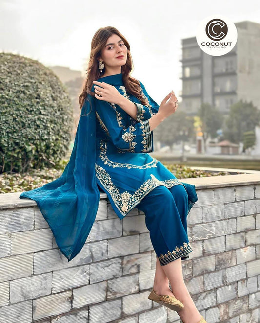 *Skinvense Embroidery shirt trozer with shiffon duppata🥰*